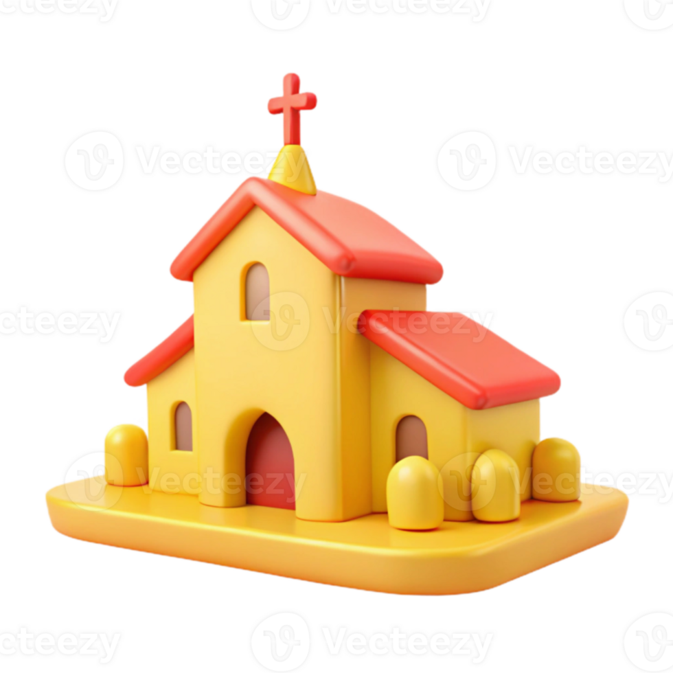 3D Cartoon Church Model with Red Roof and Cross png