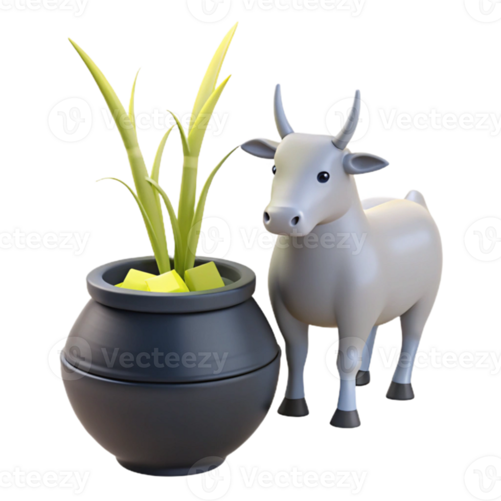 3D Render of a Cow and a Pot of Sugarcane png