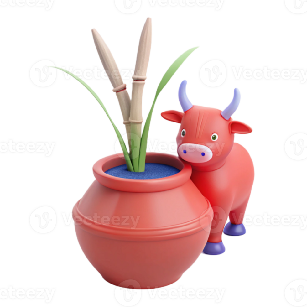3D Render of a Red Bull with a Pot of Green Plants png