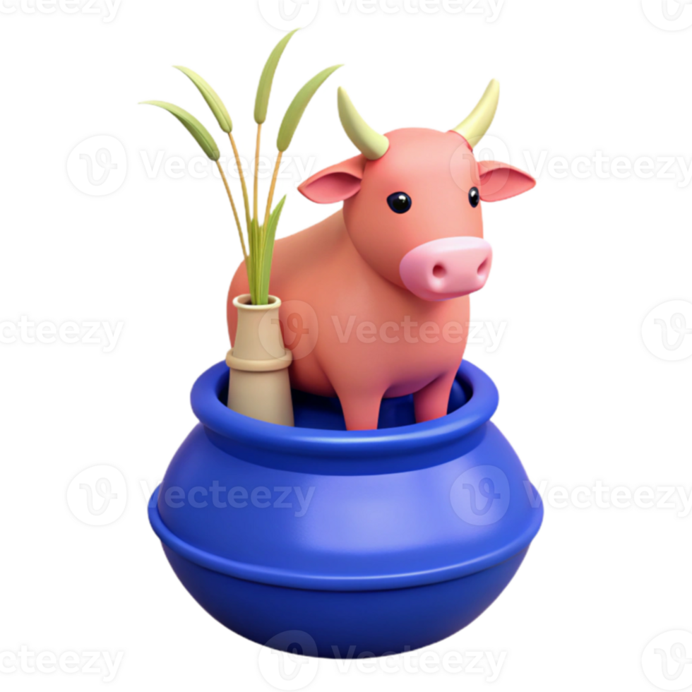 3D Render of a Pink Cow Standing in a Blue Pot with Green Grass png