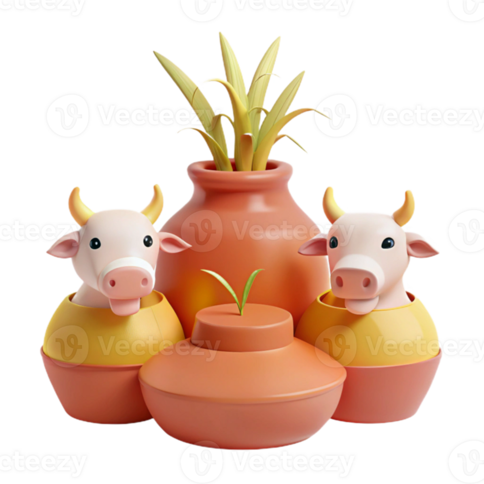 3D Illustration of Two Cows Inside Pots with a Plant png