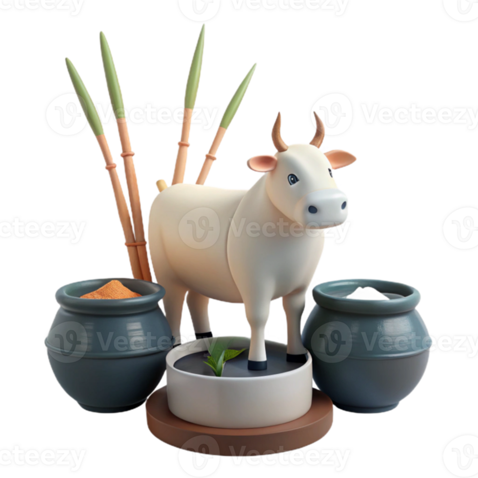 3D Render of a White Cow with Pots and Plants png