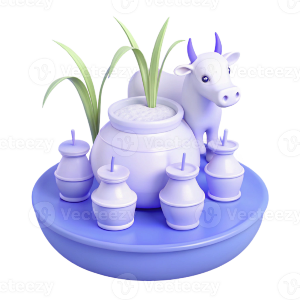 3D Render of a White Cow with a Pot of Milk and Sugarcane png