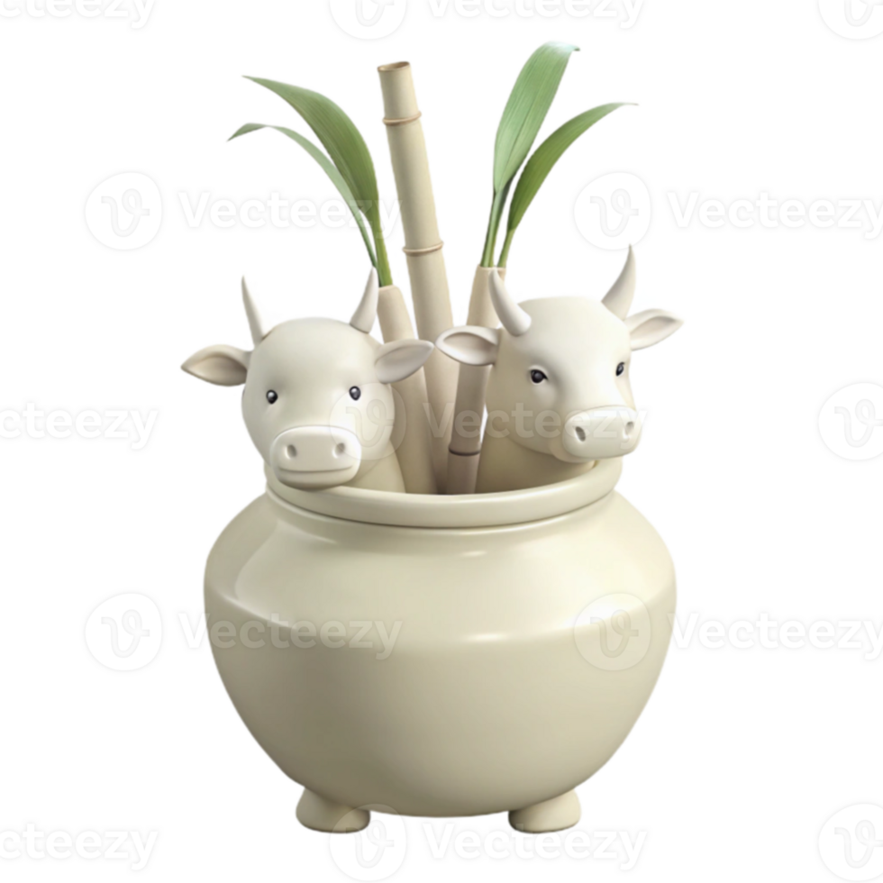 Two White Cows in a Pot with Bamboo Shoots png