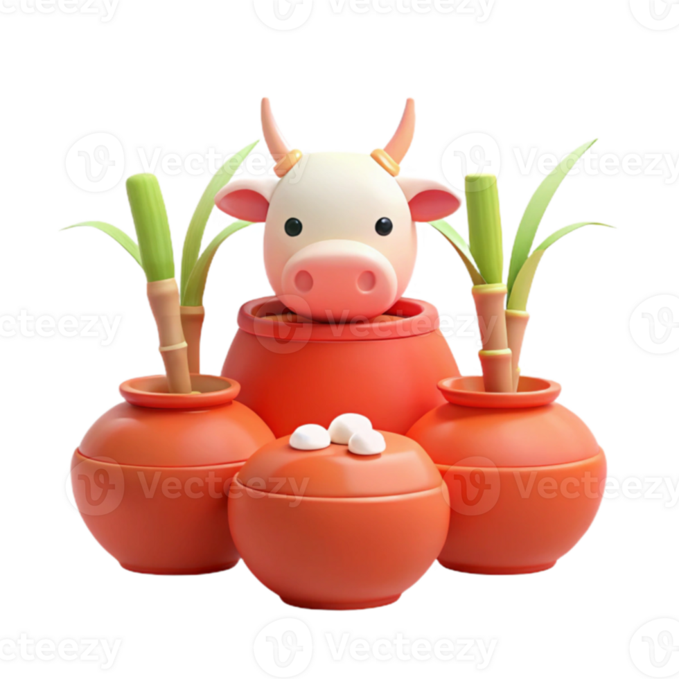3D Illustration of a Cute Cow with Sugarcane and Pots png