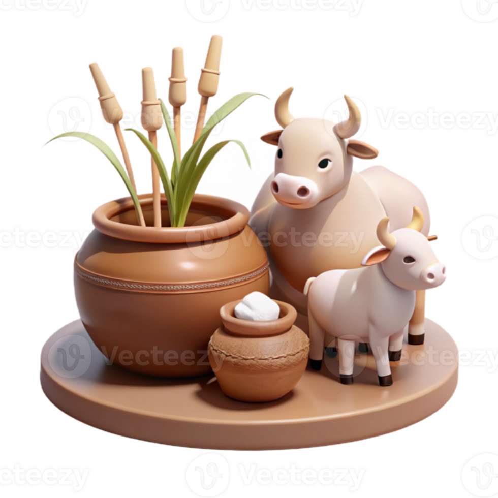3D Render of a Potted Plant, a Clay Pot, and Two Cows png