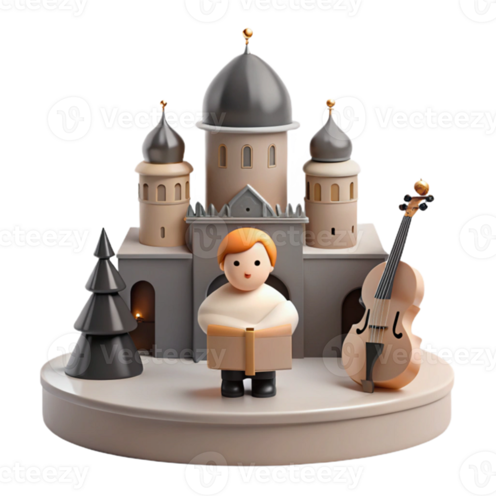 3D Rendered Scene of a Boy Singing in Front of a Castle with a Violin png