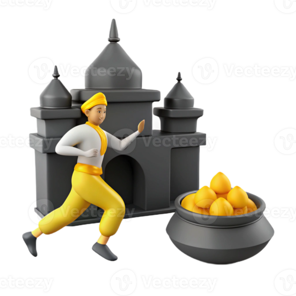 3D Illustration of a Person Running Towards a Pot of Gold in Front of a Temple png
