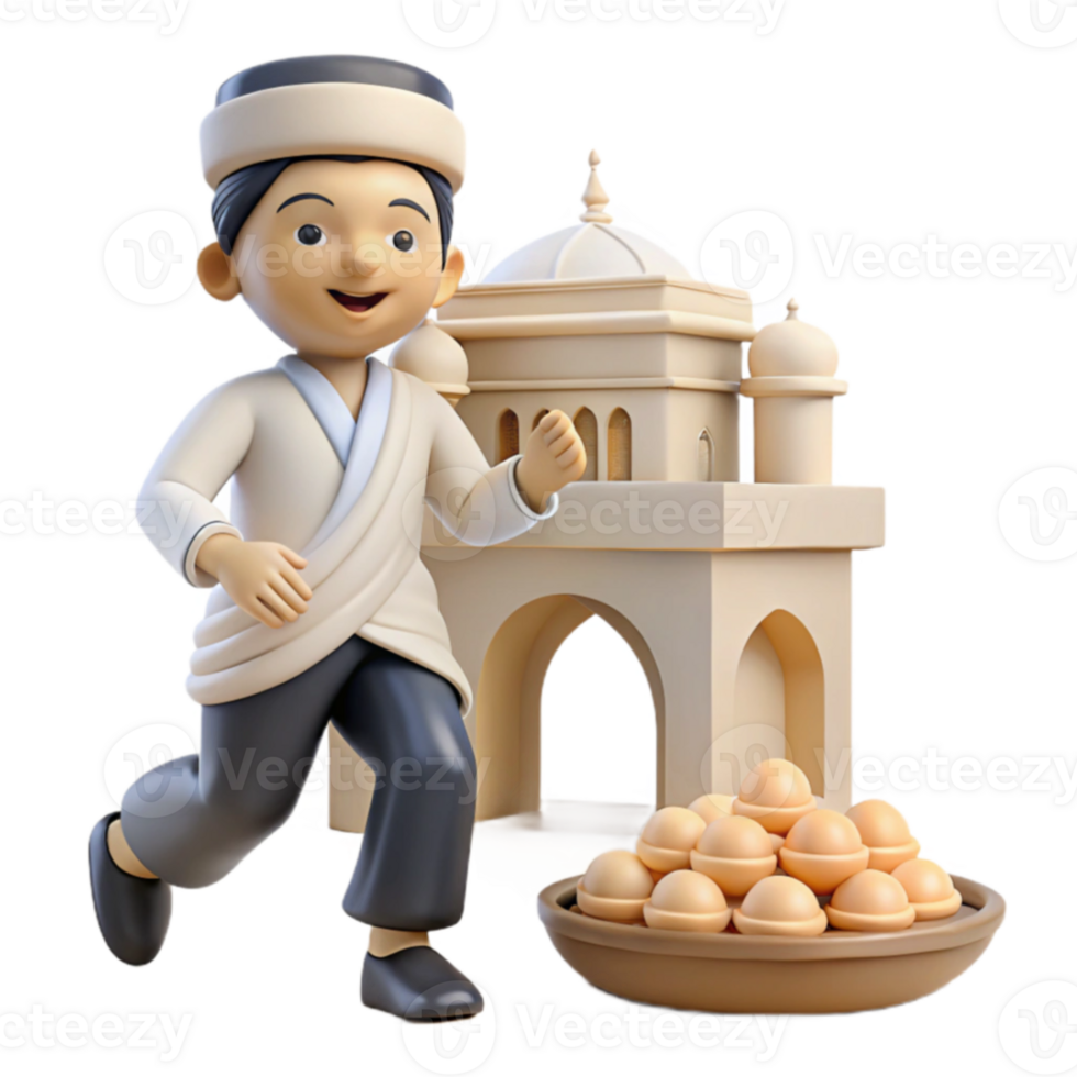 3D Illustration of a Person Running Towards a Mosque with a Basket of Eggs png