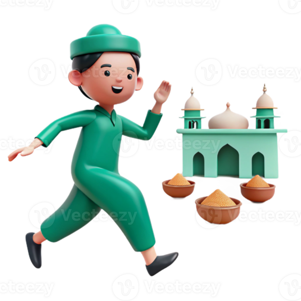 3D Cartoon Character Running Towards Mosque png