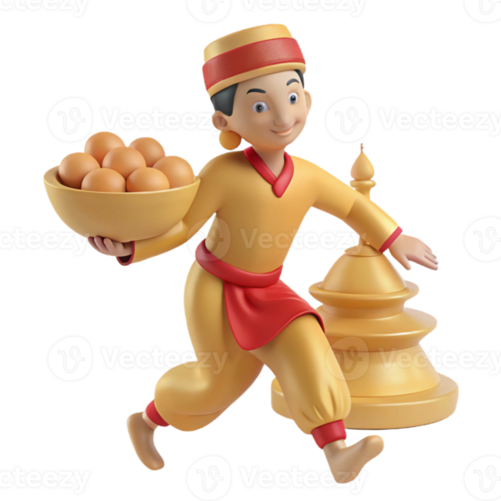 3D Illustration of a Man in Traditional Clothing Carrying a Bowl of Eggs and Running Past a Golden Stupa png