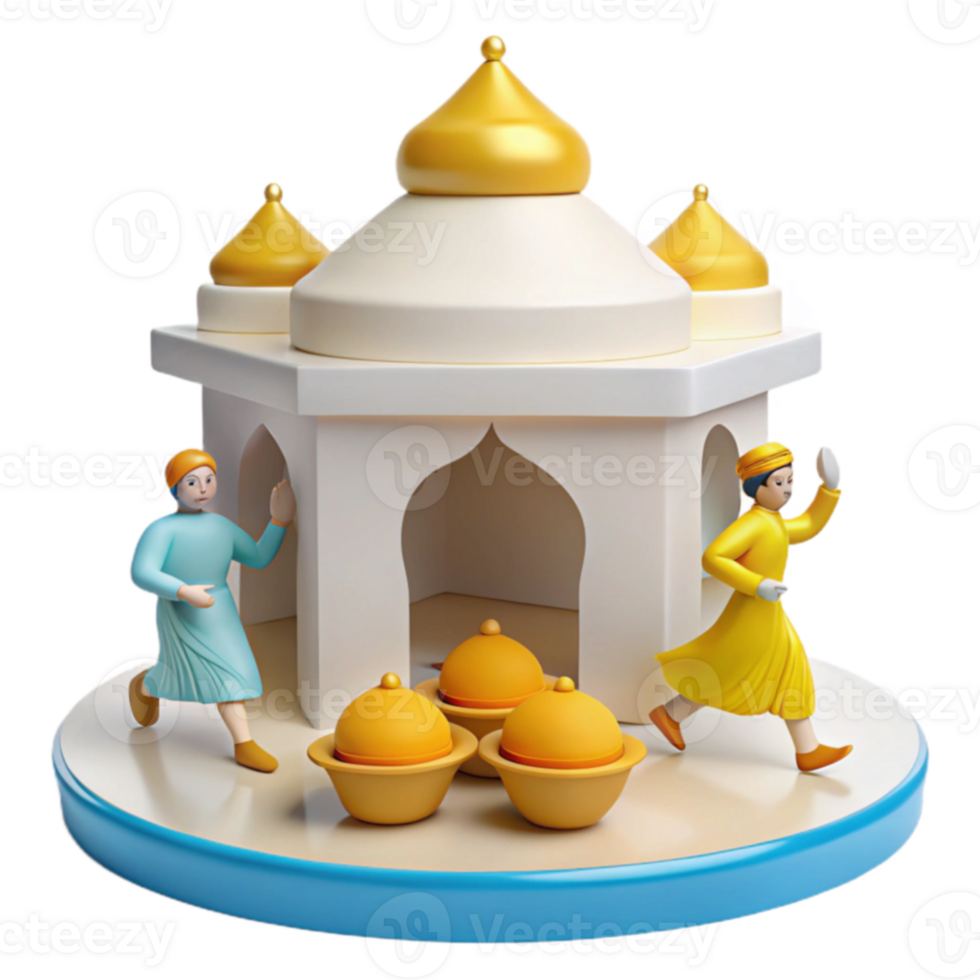 3D Render of People Entering a White Building with Golden Domes png