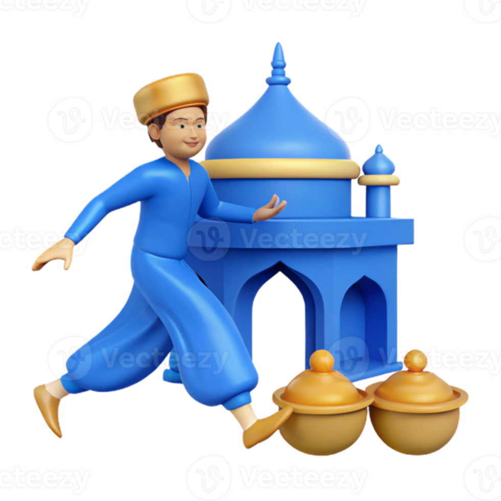 3D Illustration of a Man Running Towards a Mosque with Golden Pots png