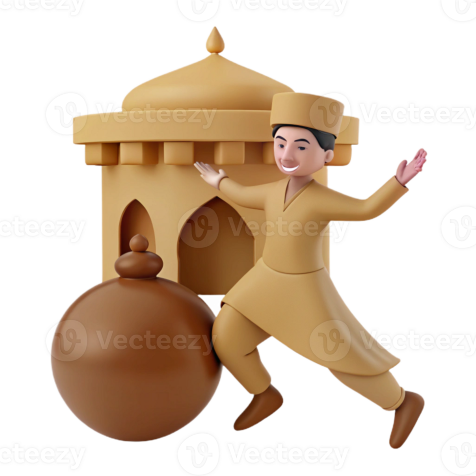 3D Illustration of a Person in Traditional Clothing Jumping Near a Building png
