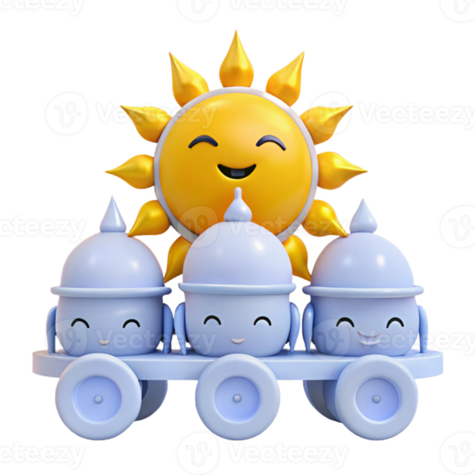 Smiling Sun Character Over Cute Train Toy with Wheels png