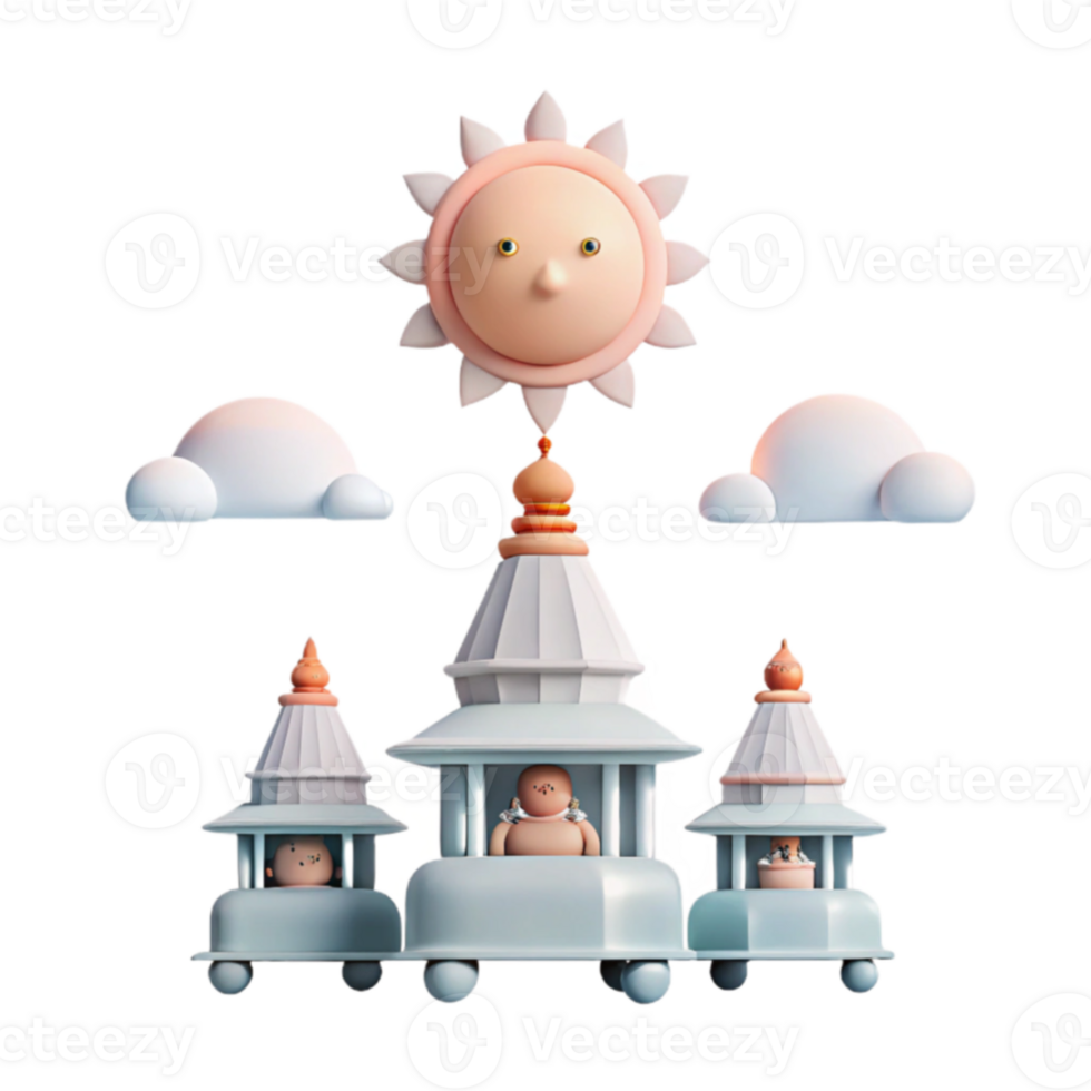 3D Render of a Sun with Clouds Above Three Temples png