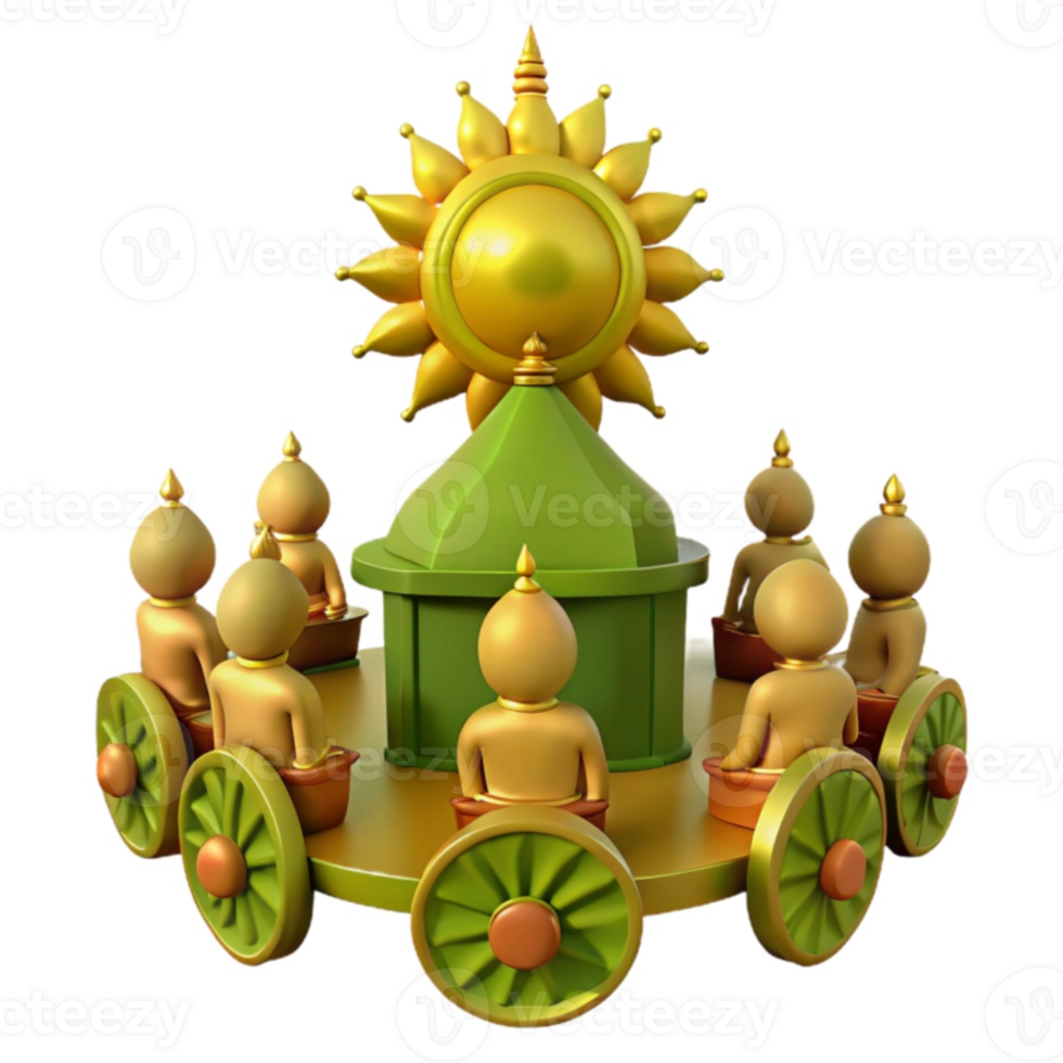 3D Render of Golden Figures Surrounding a Green Structure with a Sun Symbol png