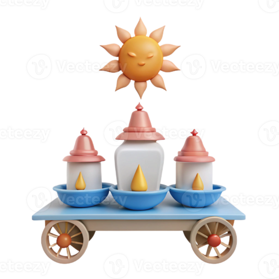 3D Rendered Illustration of a Cute Cartoon Sun and Jars on a Cart png