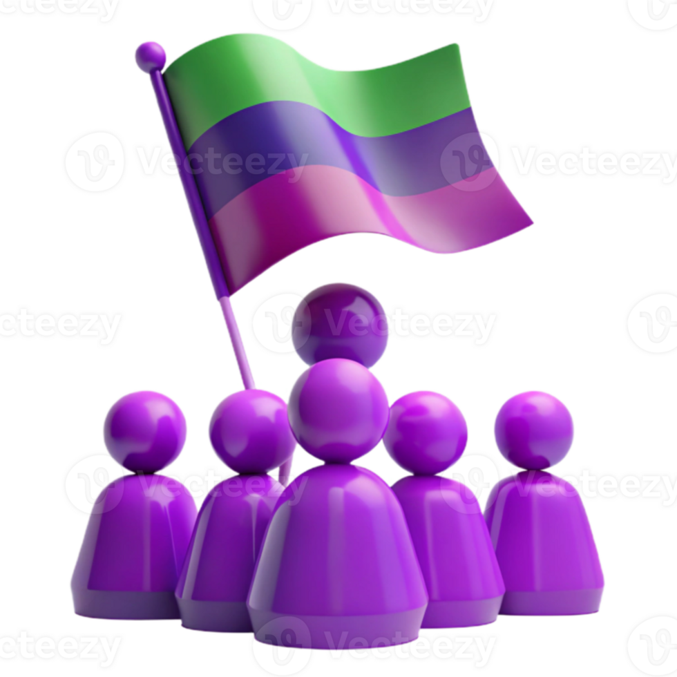 Group of People Standing Under a Green, Purple, and Blue Flag png