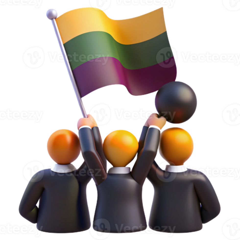 Group of People Holding a Flag with Yellow, Green, and Purple Stripes png