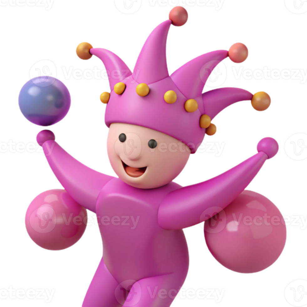 3D Cartoon Juggling Character with Colorful Balls and Jester Hat png