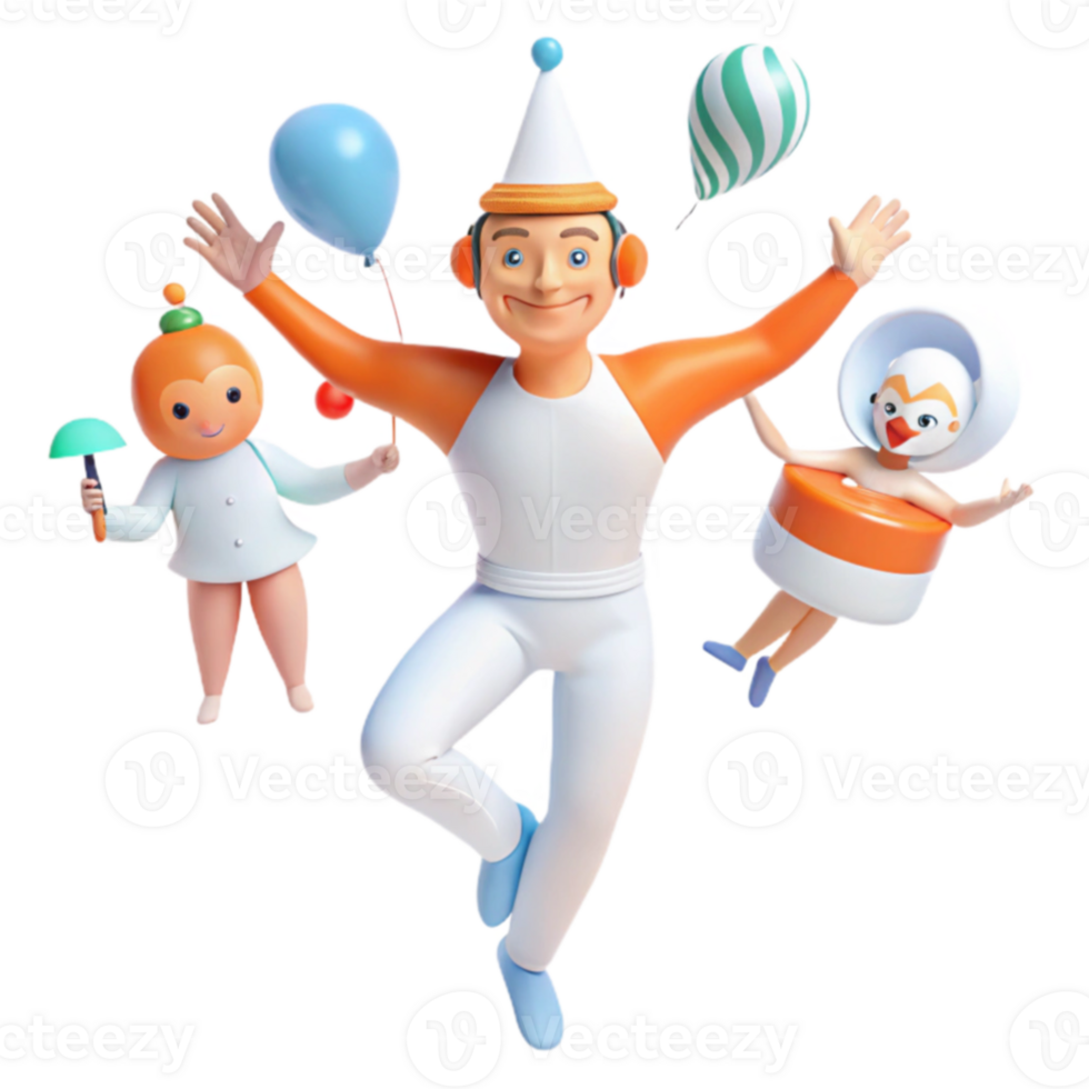 Cheerful Cartoon Characters Celebrating with Balloons and a Party Hat png