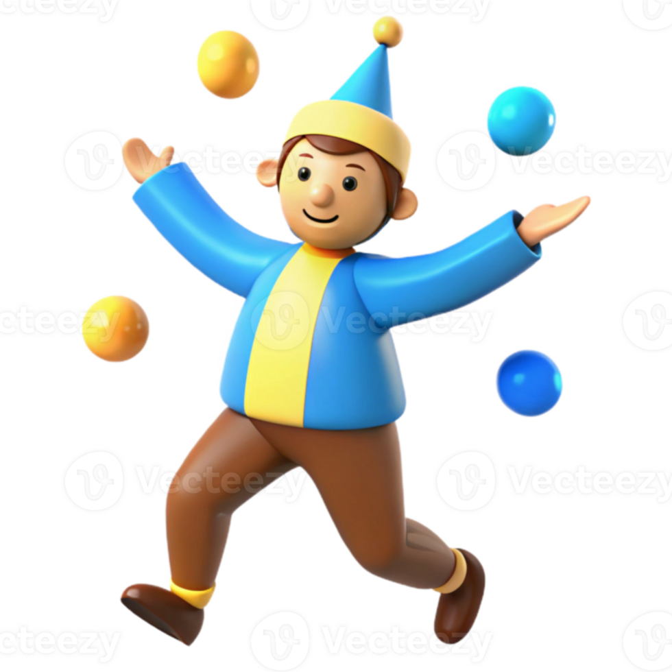 3D Cartoon Juggling Fun A Boy in a Hat with Multicolored Balls png