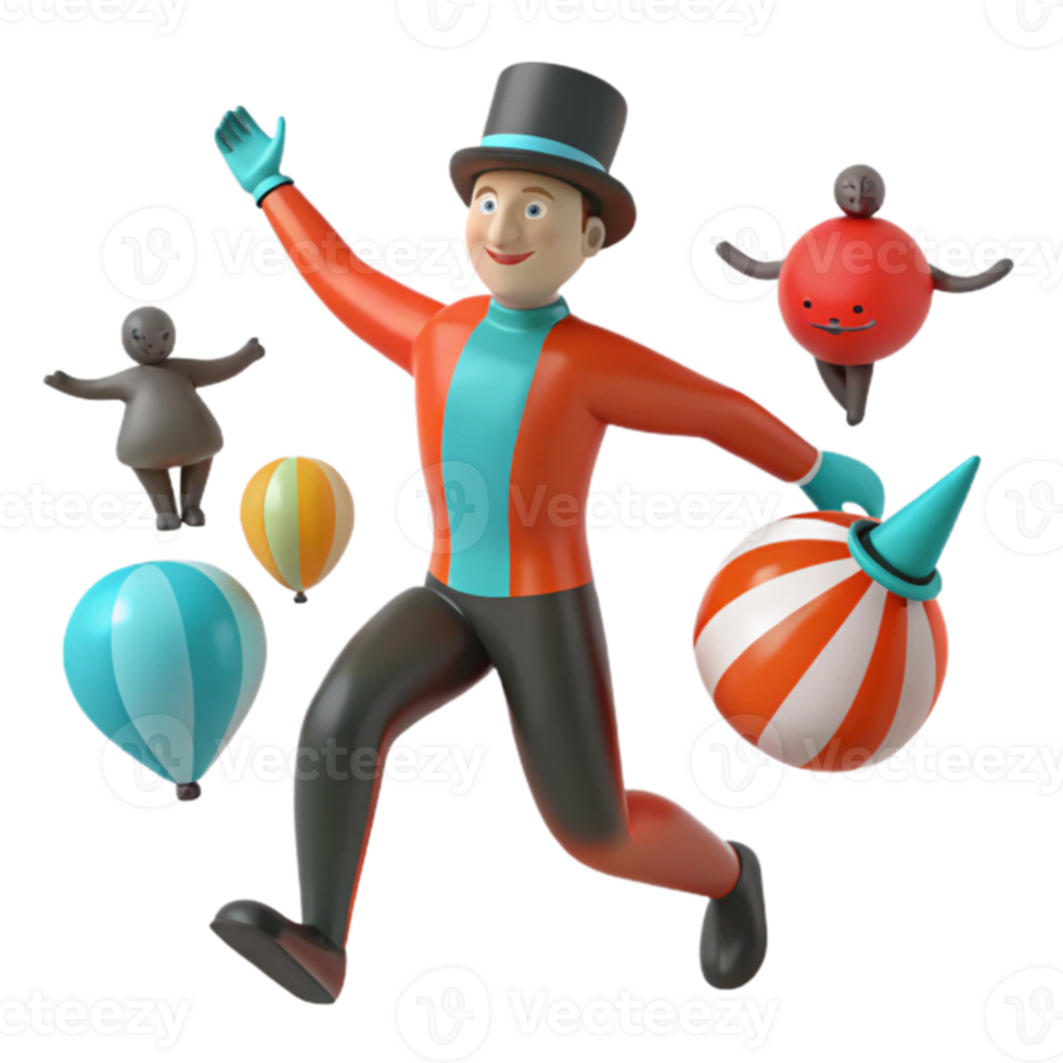 3D Cartoon Circus Performer with Balloons and a Ball png