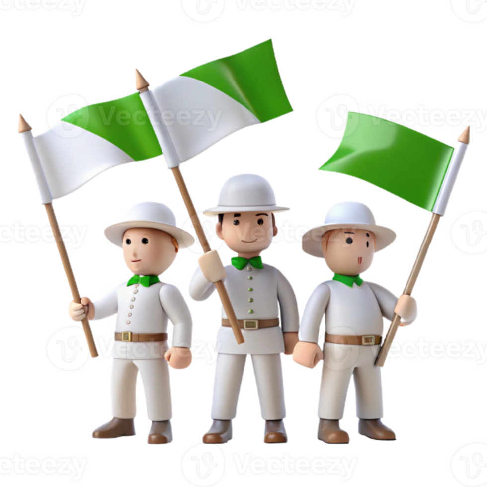Three Cartoon Characters Holding Flags in White and Green png