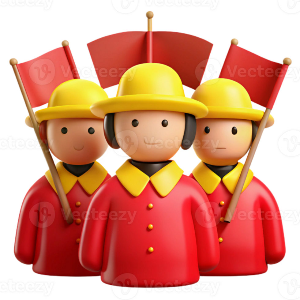 Three Cartoon Characters Wearing Red Uniforms and Yellow Hats Holding Flags png