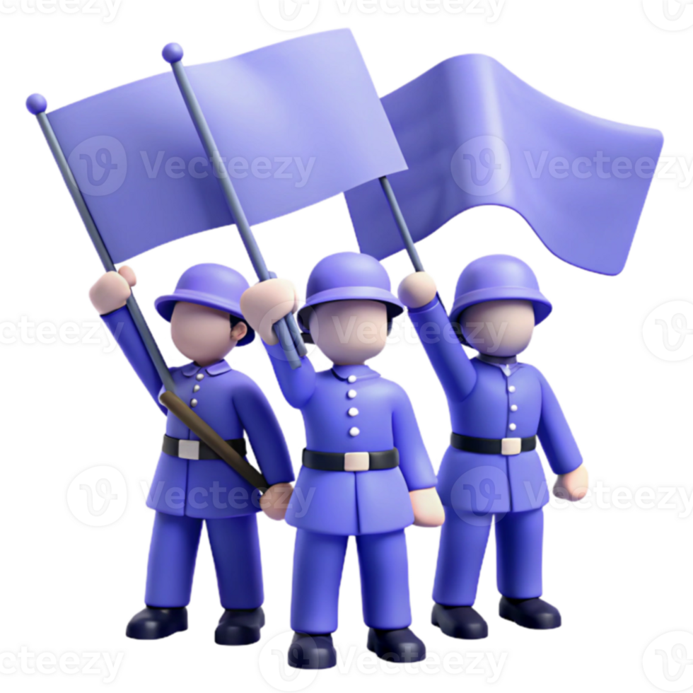 Three Cartoon Soldiers Holding Purple Flags png