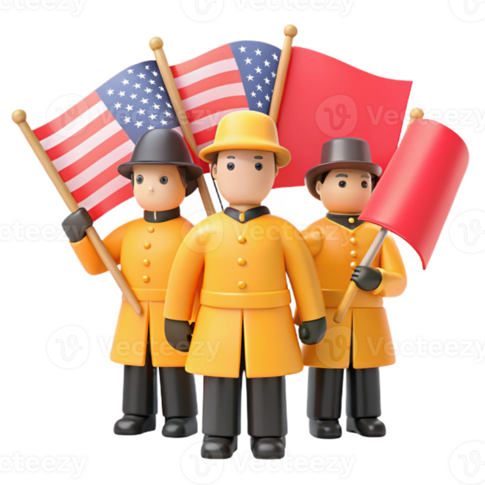 Three 3D Figures Holding Flags of Different Colors png