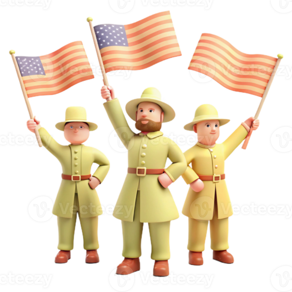 Three Cartoon Figures Holding American Flags png