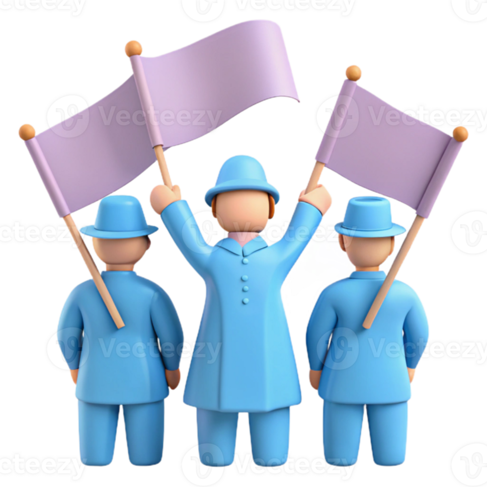 Three 3D Characters Holding Blank Flags, Celebrating Success png