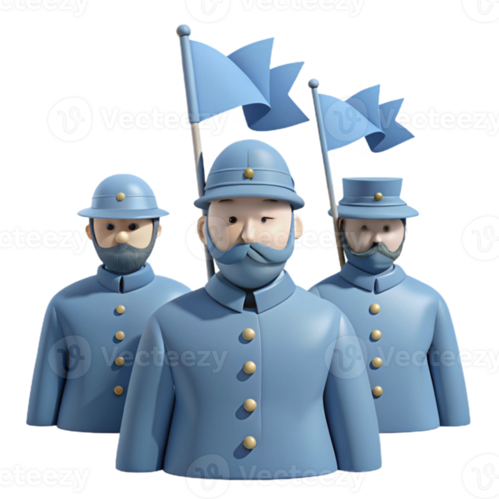 Three Cartoon Soldiers in Blue Uniforms Holding Flags png