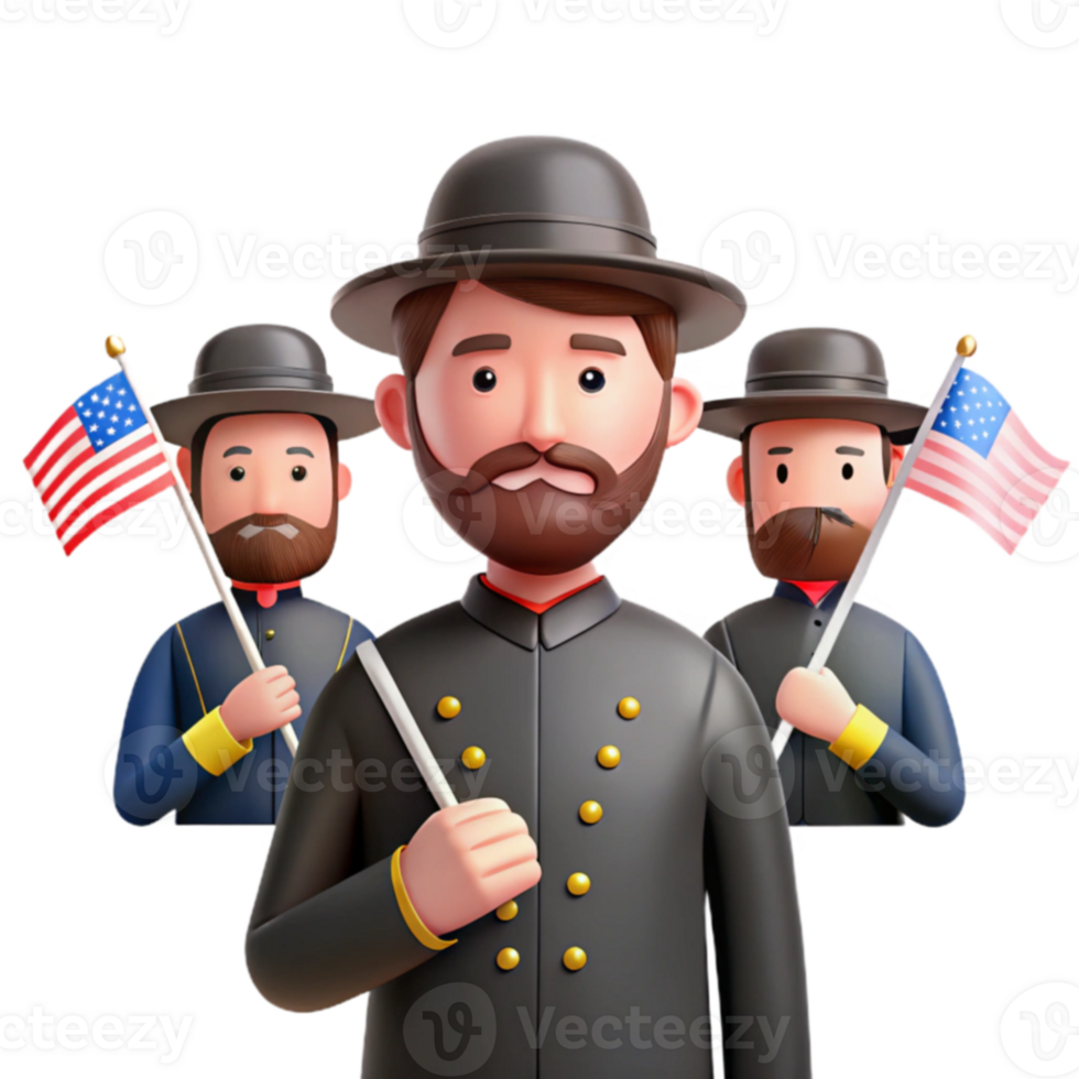 Three Cartoon Men in Uniform Holding American Flags png
