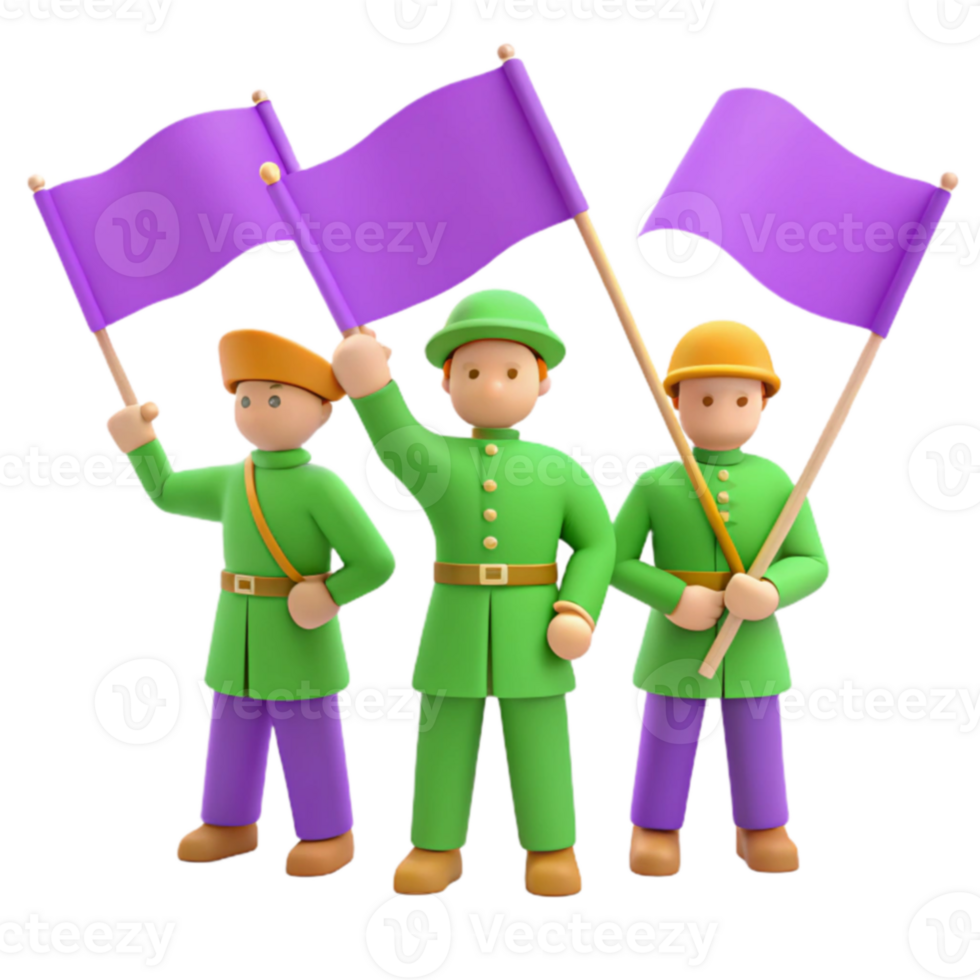 Three Cartoon Soldiers Holding Purple Flags png