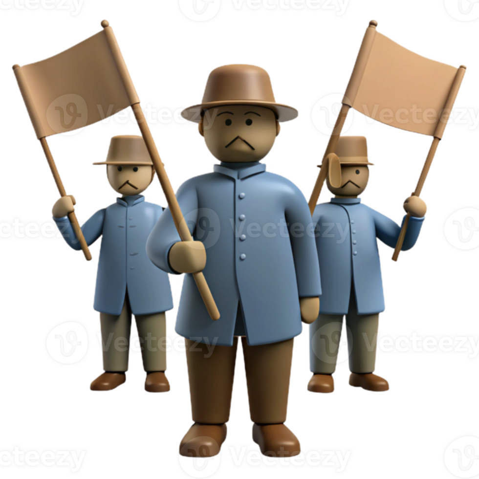 Three 3D Figures Holding Flags in a Row png