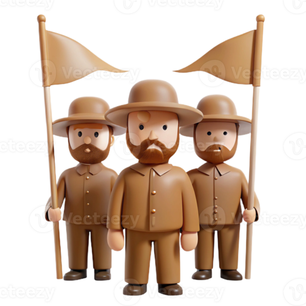 Three Cartoon Characters in Brown Uniforms Holding Flags png