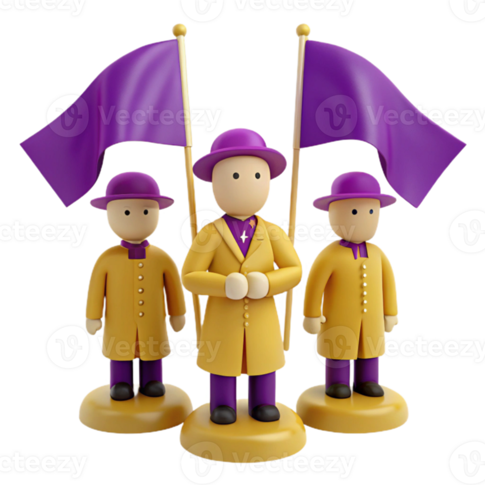 Three Cartoon Characters with Purple Hats and Flags png