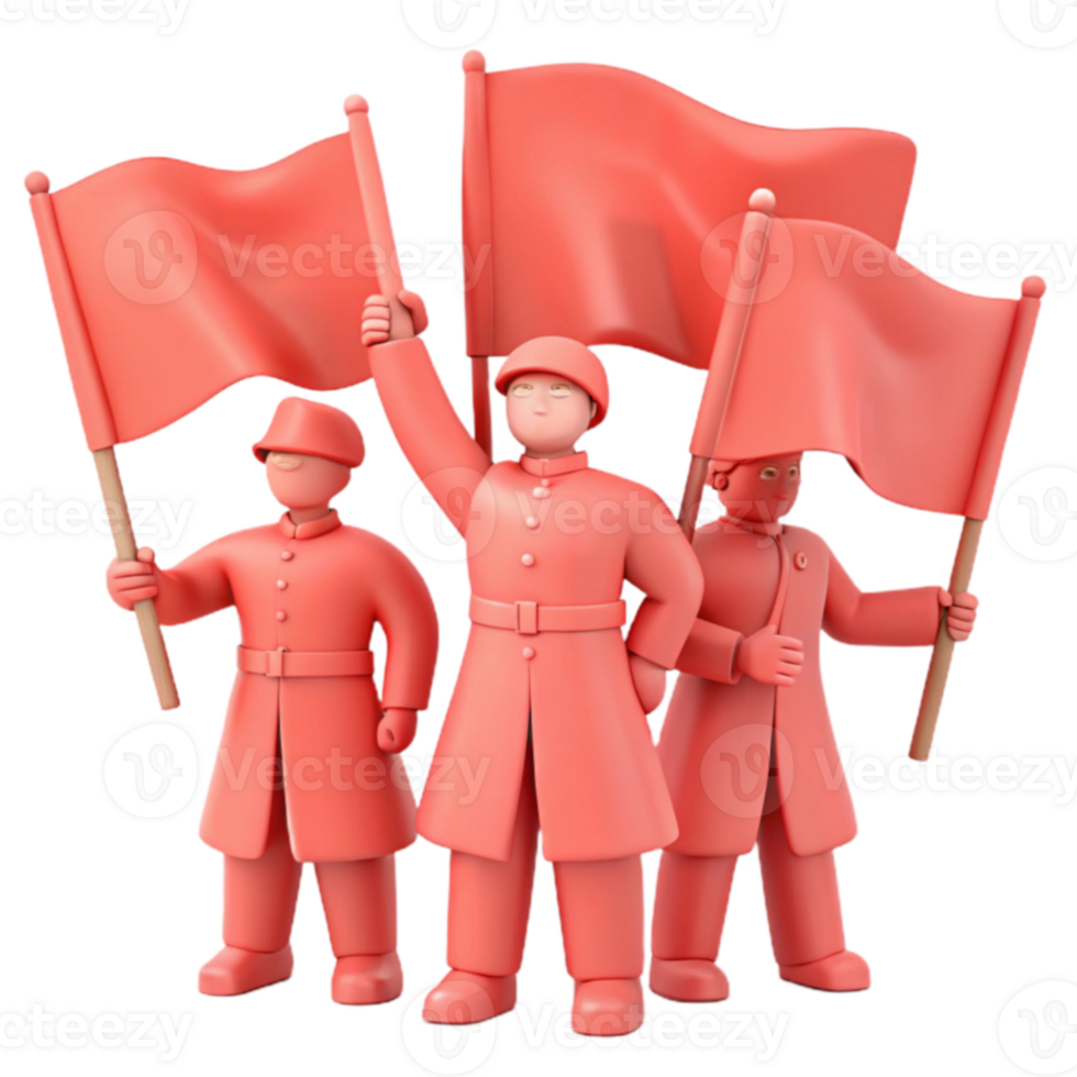Three Cartoon Soldiers Holding Red Flags png