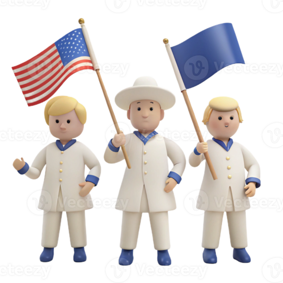 Three Cartoon Characters Holding Flags Patriotism and Unity png