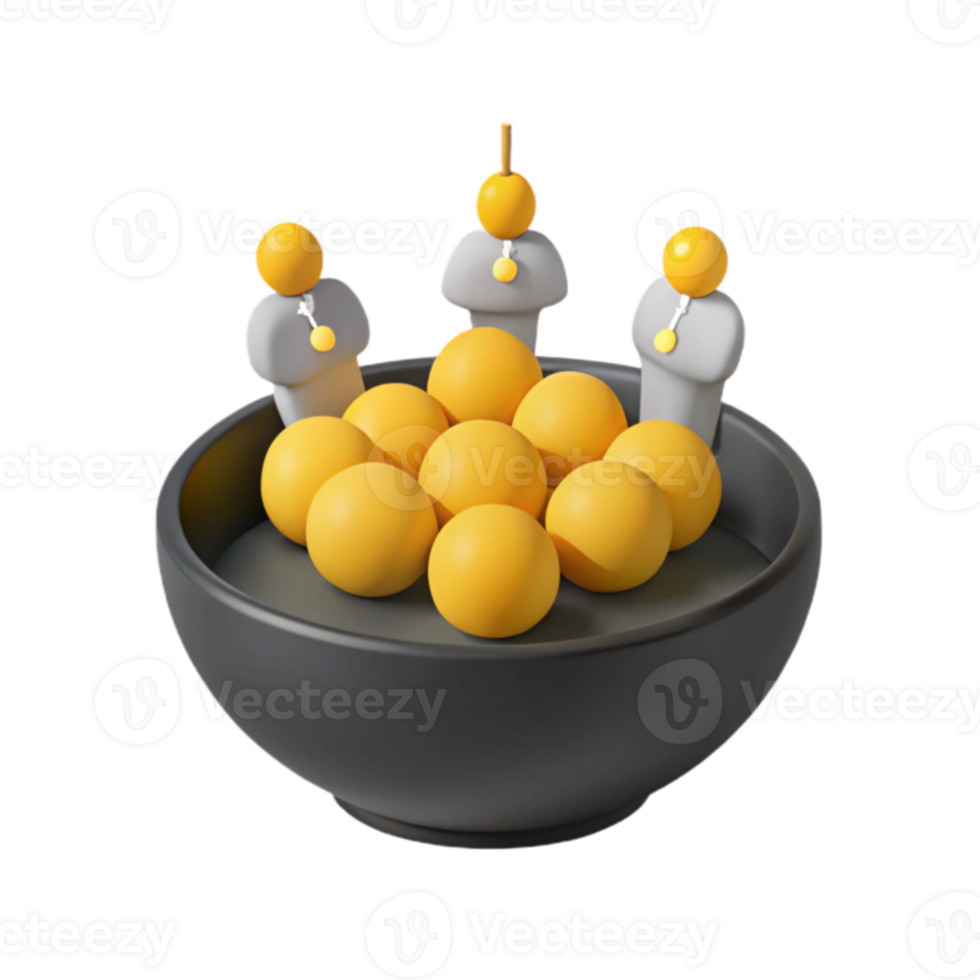 3D Rendered Bowl Filled with Yellow Spheres and Grey Figures png