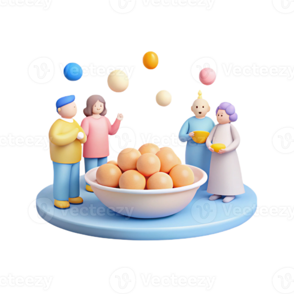 Cute 3D Characters Enjoying a Bowl of Round Objects png