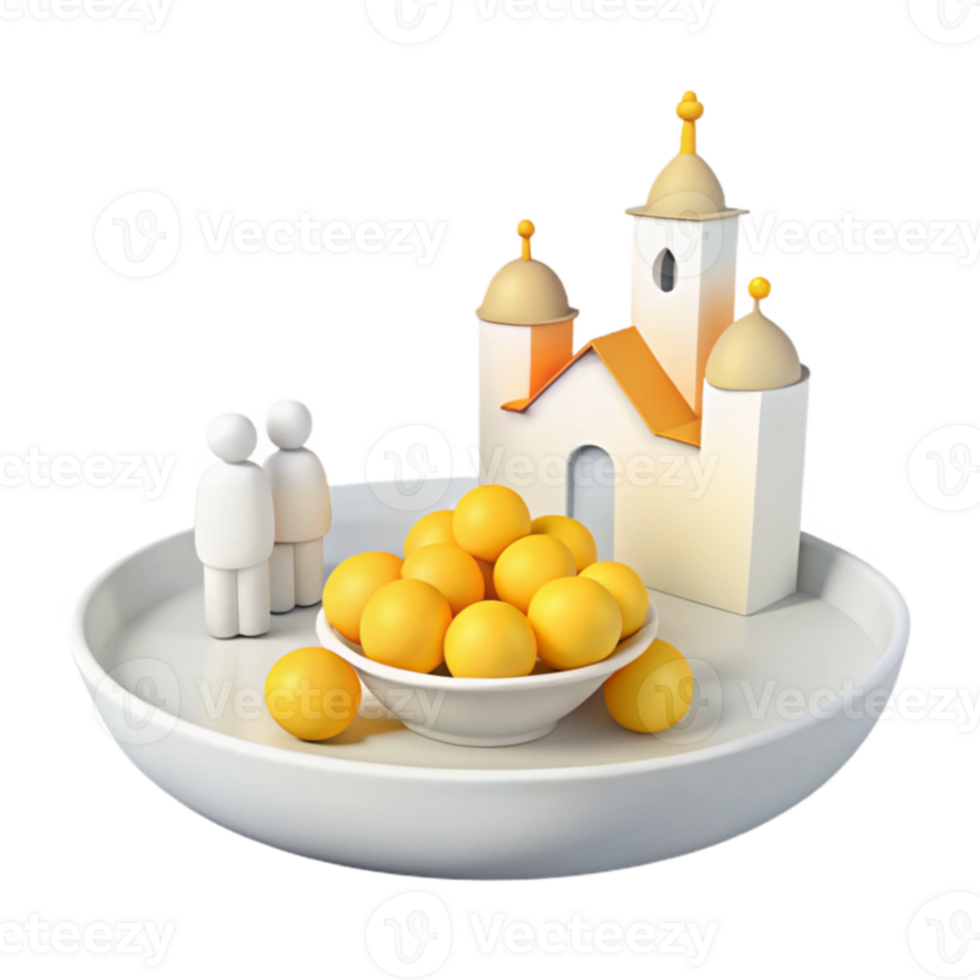3D Render of a Small House and People on a Tray png