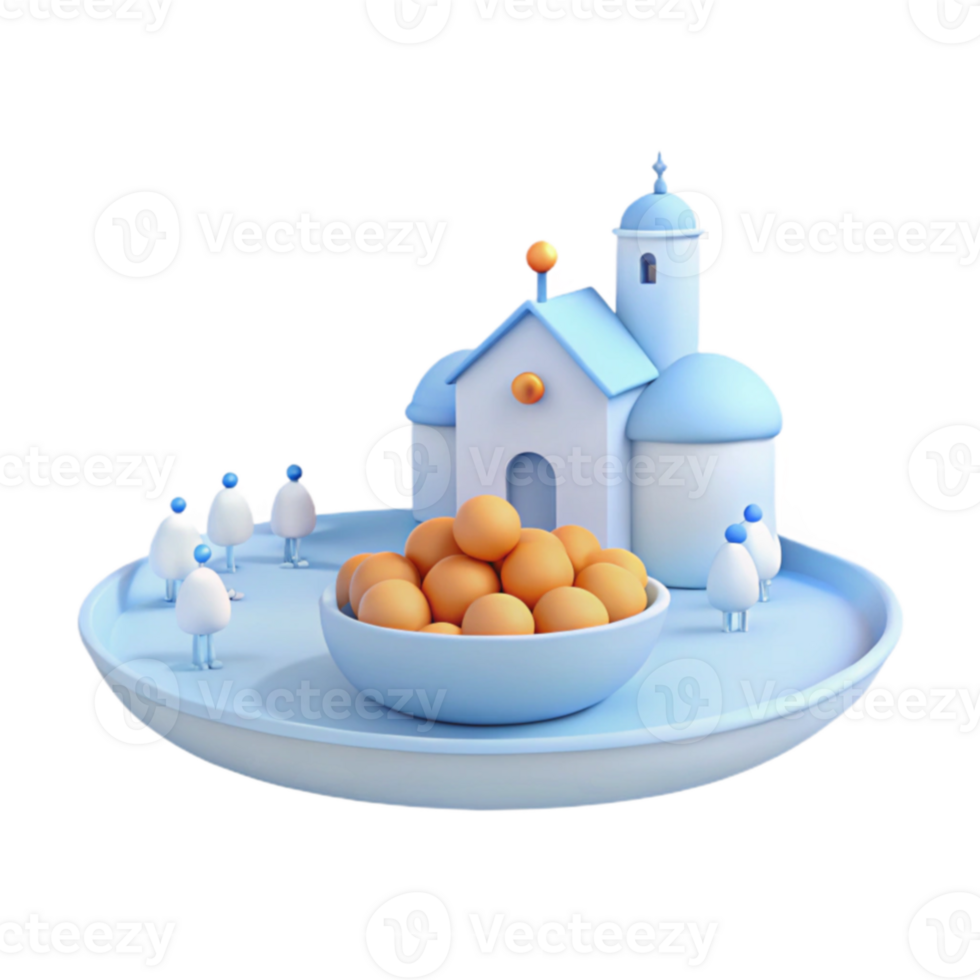 3D Rendered Scene with Tiny Figures and a House on a Plate png