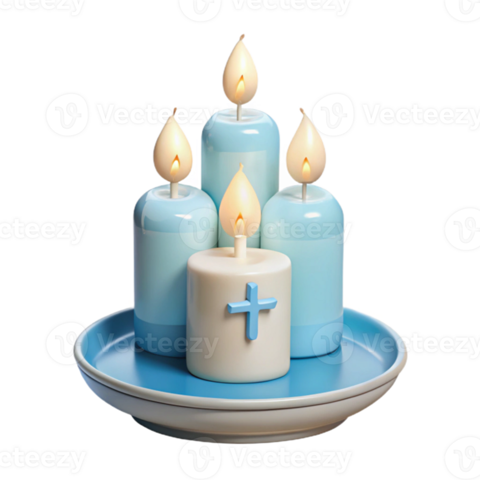 Four Burning Candles with a Cross on a Blue Plate png