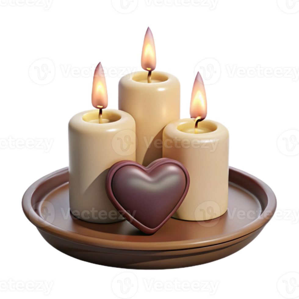 Three Burning Candles and a Chocolate Heart on a Wooden Tray png