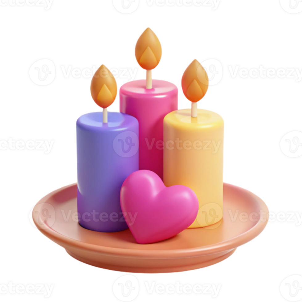 Three Colorful Candles with Heart on Plate png
