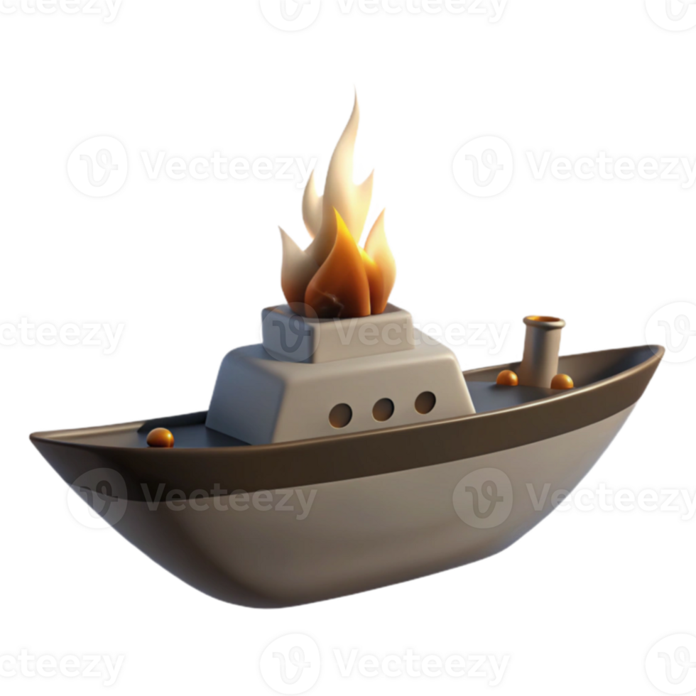 Boat on Fire, 3D Render png